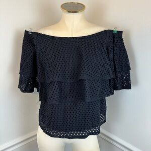 J. CREW Navy Lace Off-The-Shoulder Ruffle Top | Size Small